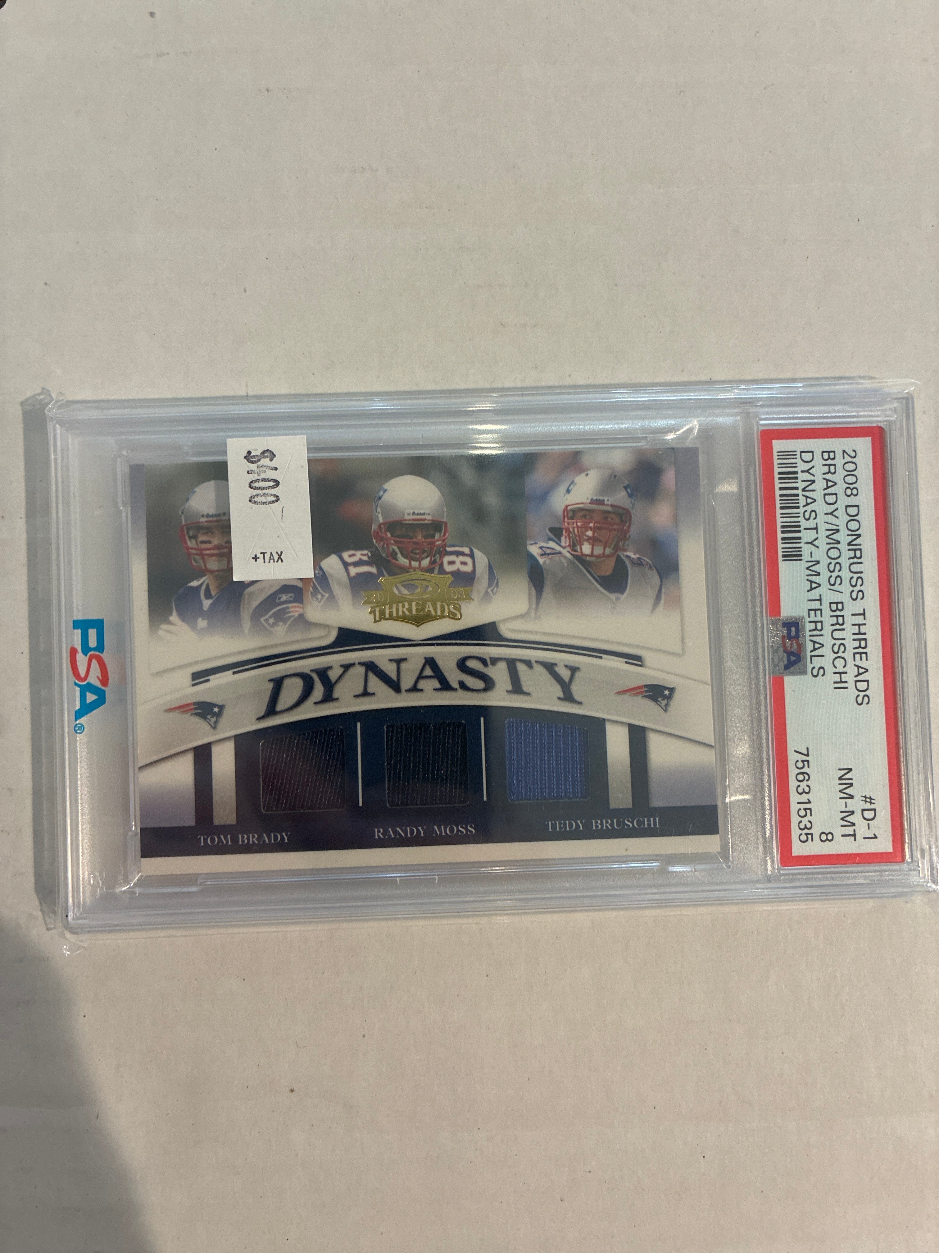 2008 Donruss Threads Tom Brady, Randy Moss, Teddy Bruschi Dynasty Materials PSA 8