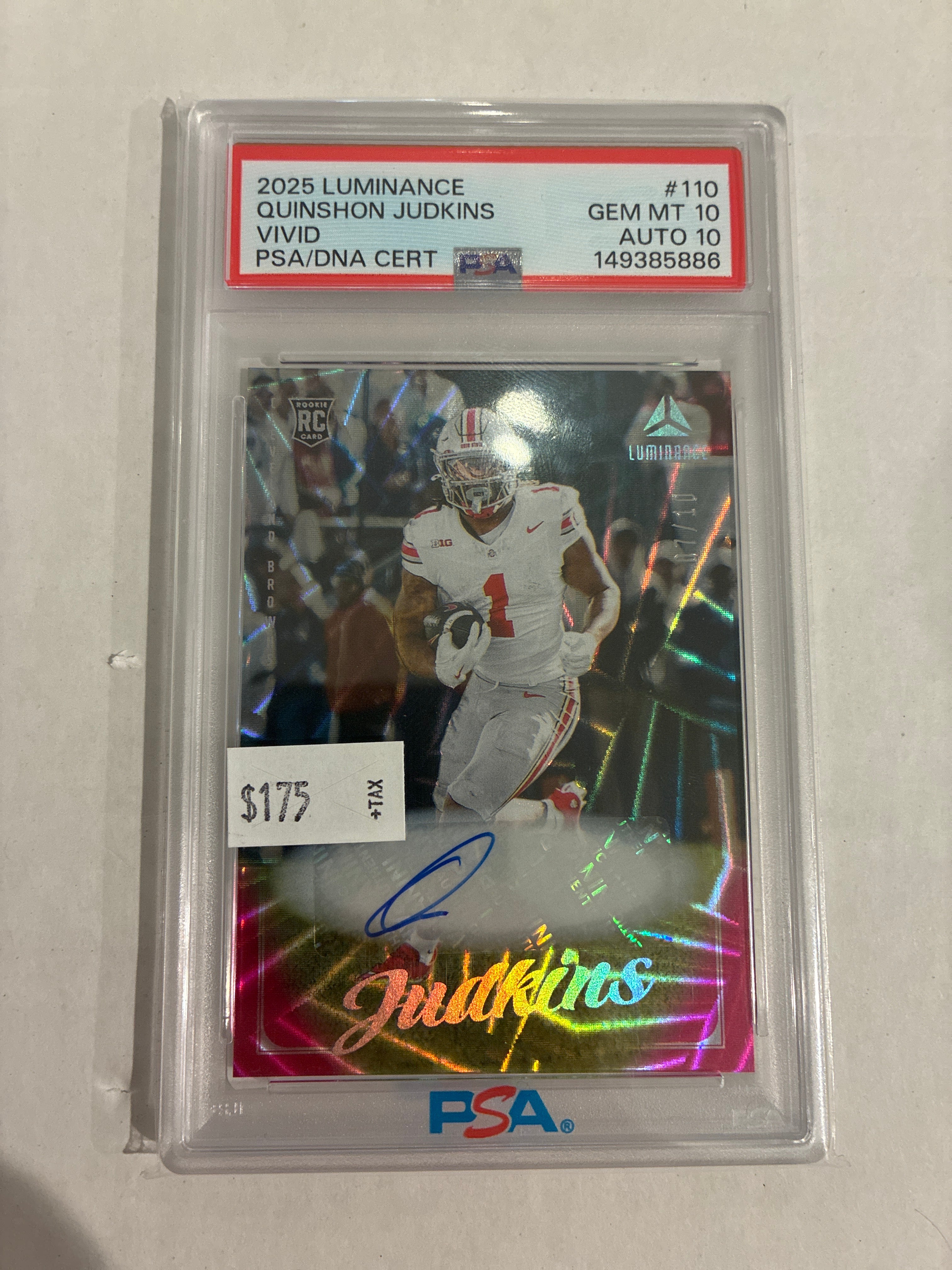 2025 Panini Luminance Rookies Quinshon Judkins Vivid Auto 07/10 PSA 10