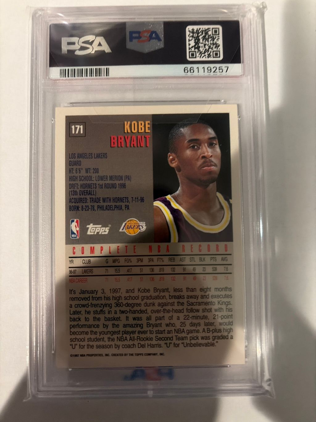 1997 Topps Kobe Bryant PSA 9