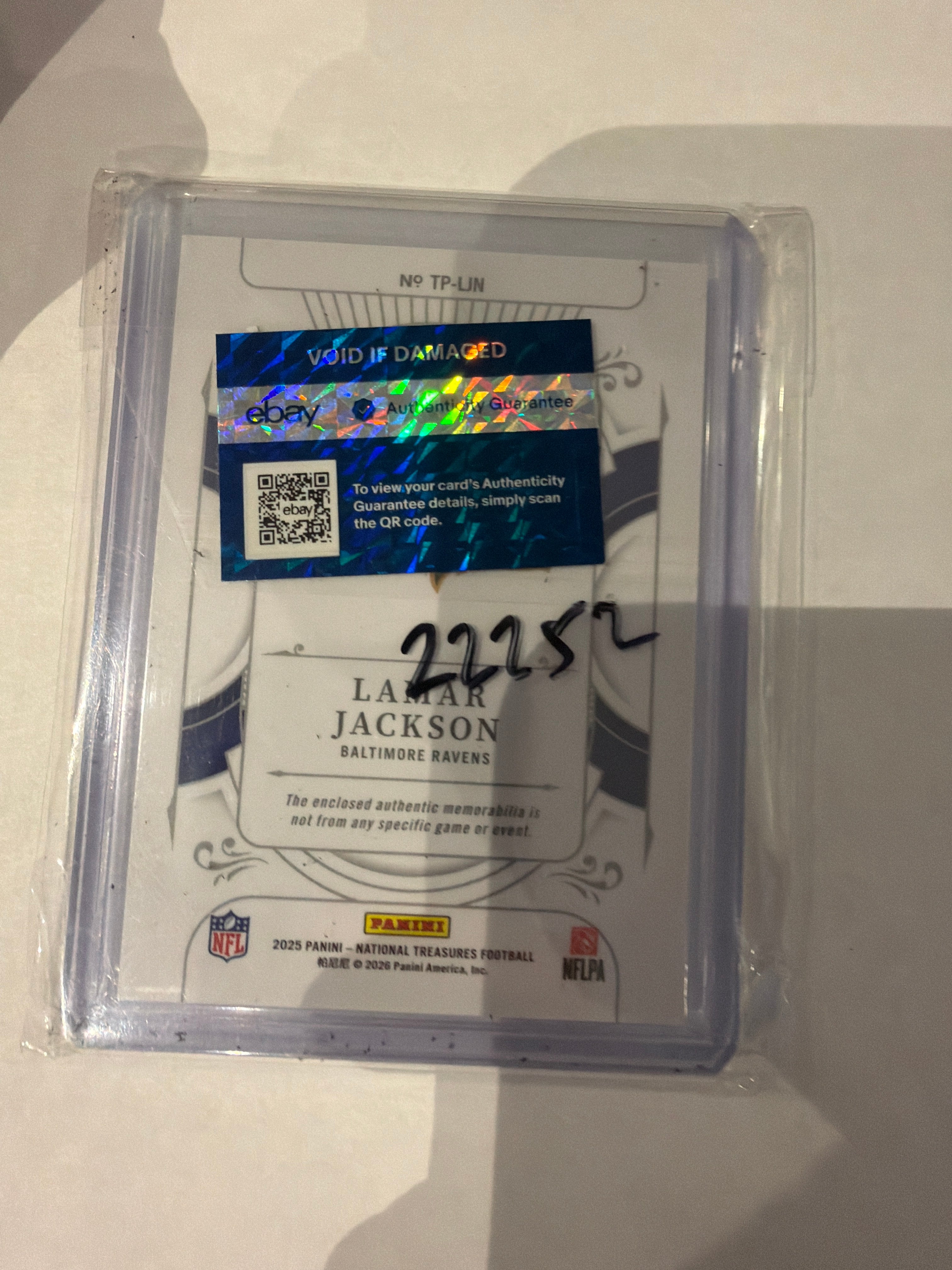 2025 national treasures patch Lamar Jackson 22/25