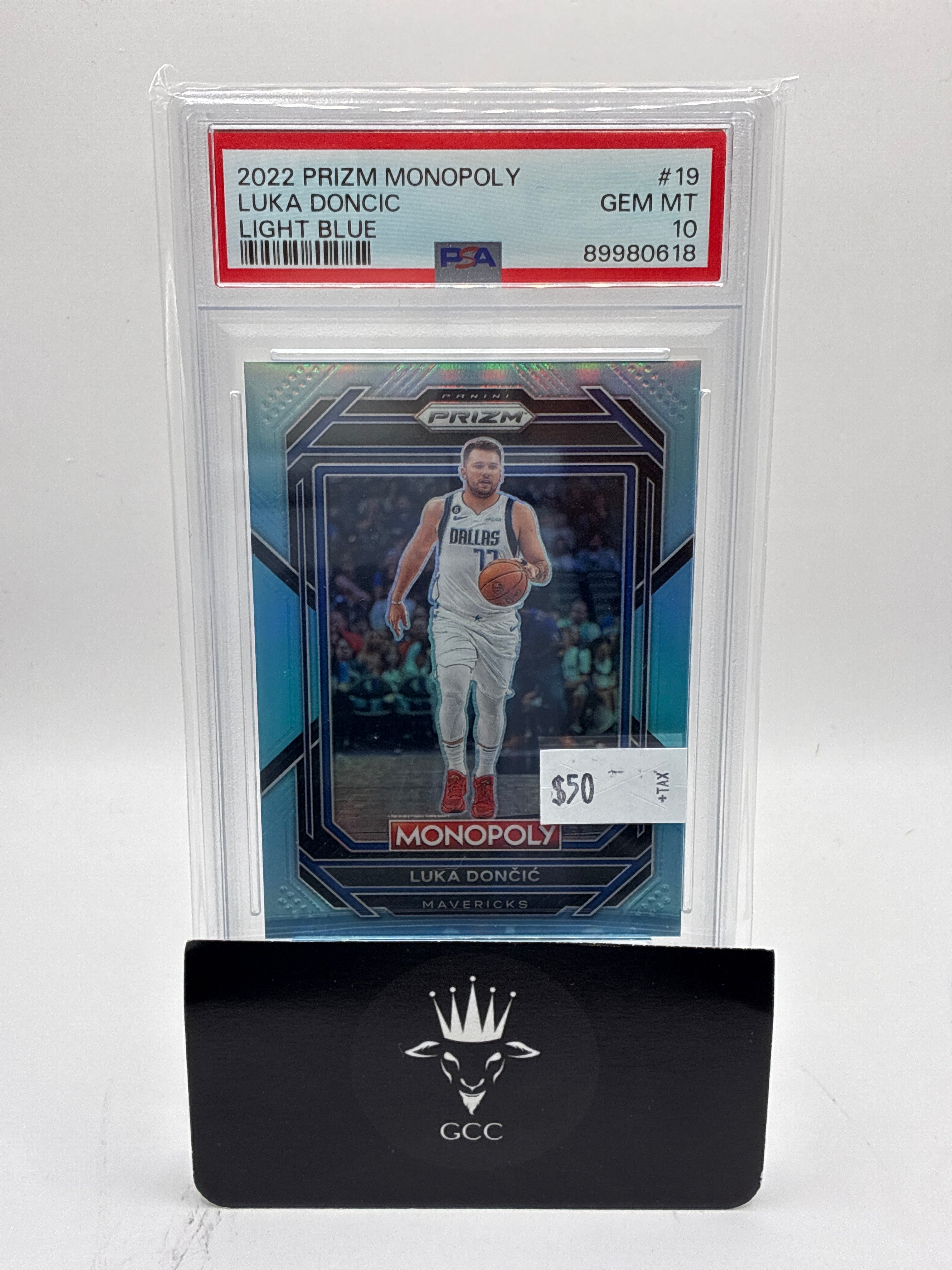 2022-23 Panini Prizm Monopoly Luka Dončić Light Blue Prizm 038/199 PSA 10