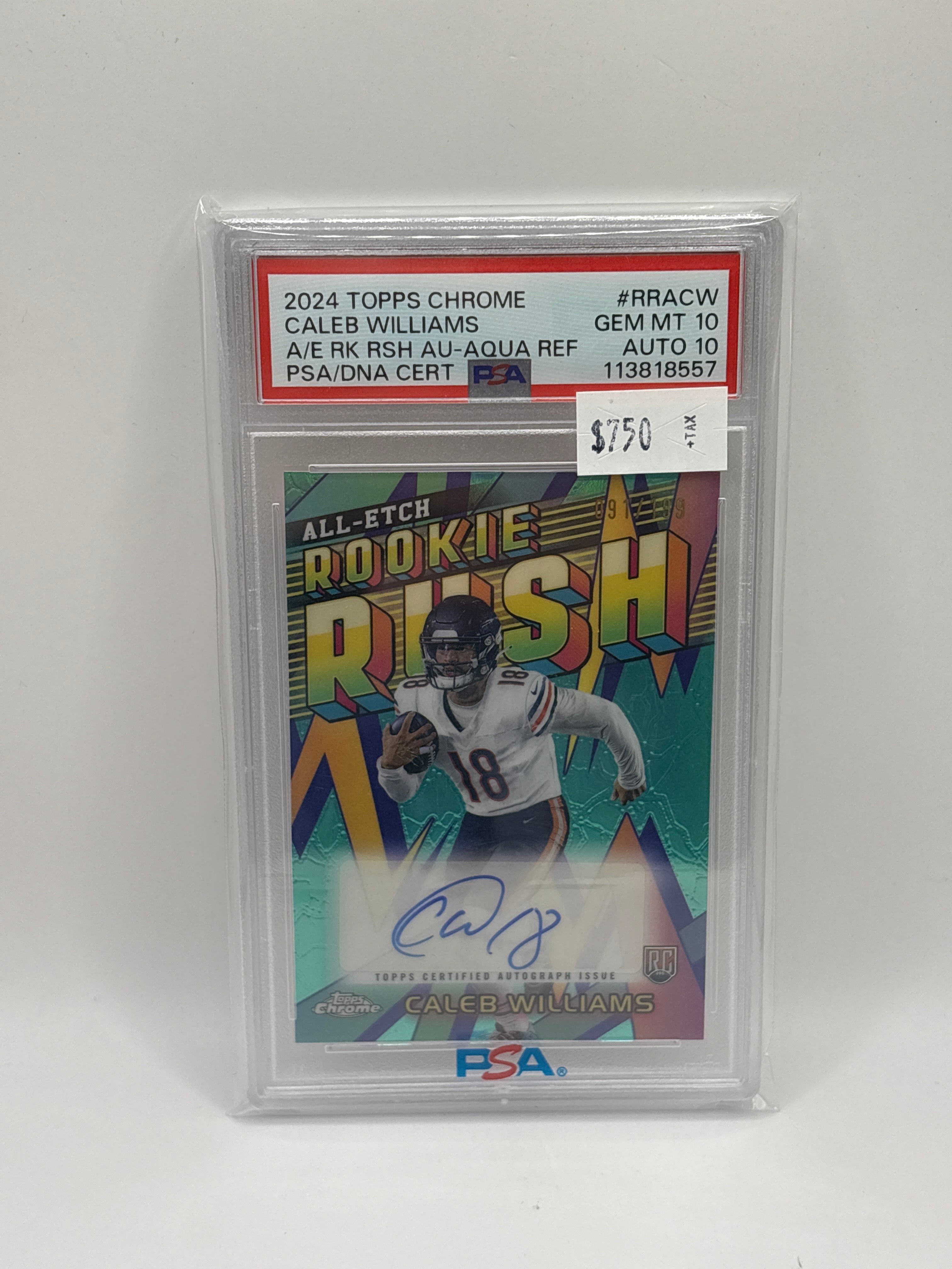 2024 Topps Chrome All-Etch Rookie Rush Autographs Caleb Williams #RRA-CW Aqua Refractor 091/199 PSA 10 Auto 10