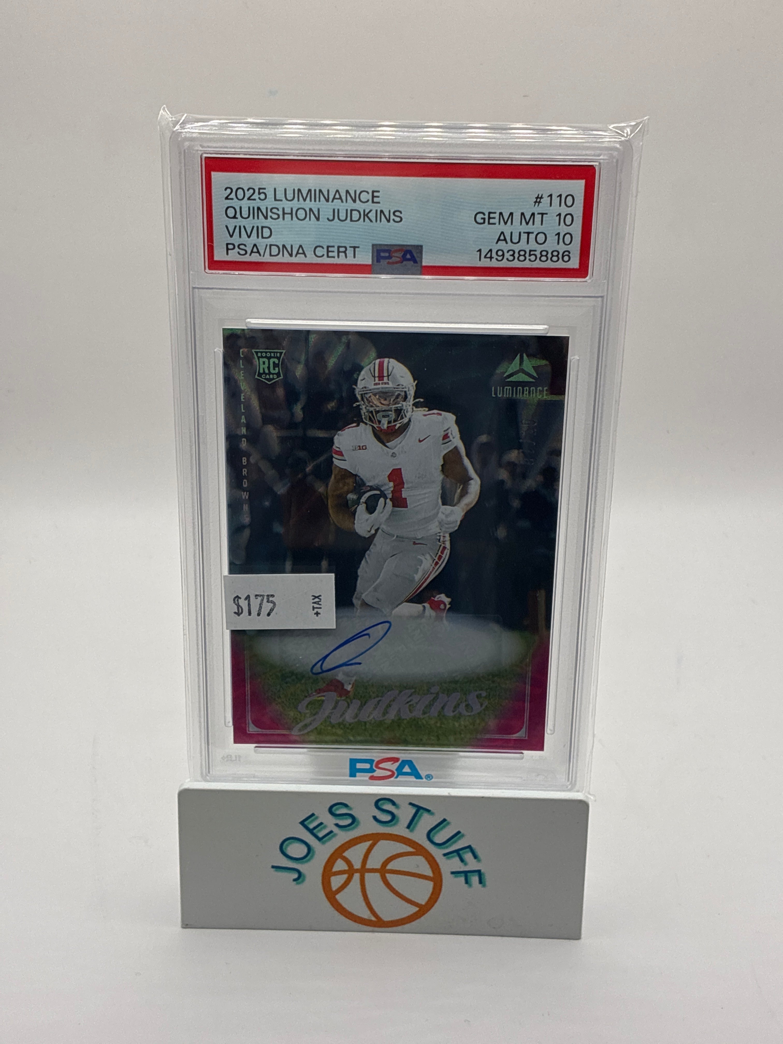 2025 Panini Luminance Rookies Quinshon Judkins Vivid Autographs 07/10 PSA 10