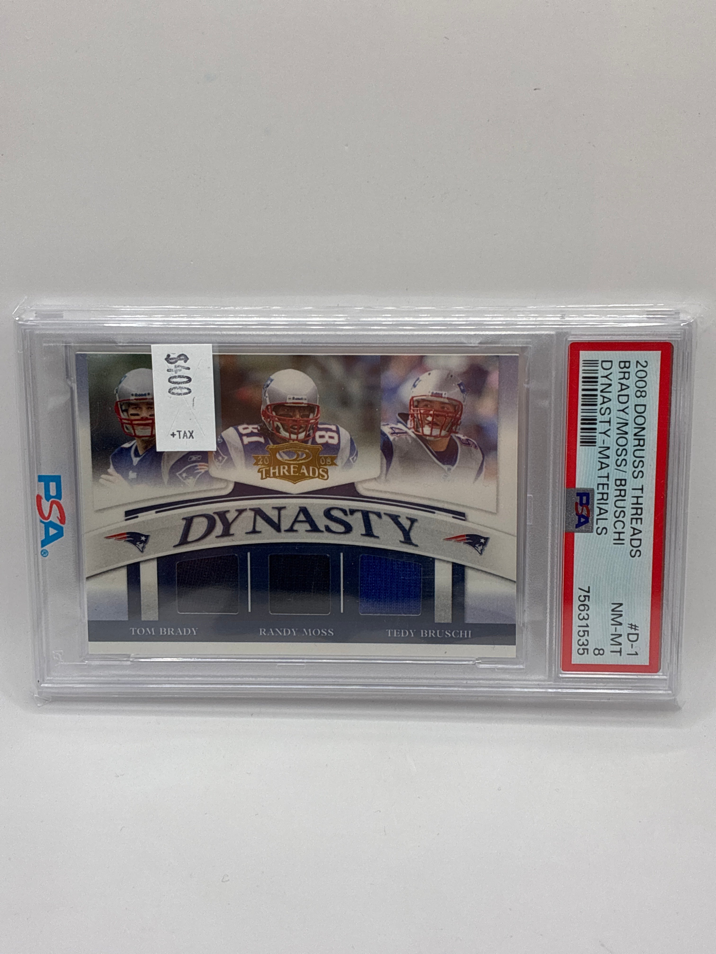 2008 Donruss Threads Tom Brady, Randy Moss, Teddy Bruschi Dynasty Materials PSA 8
