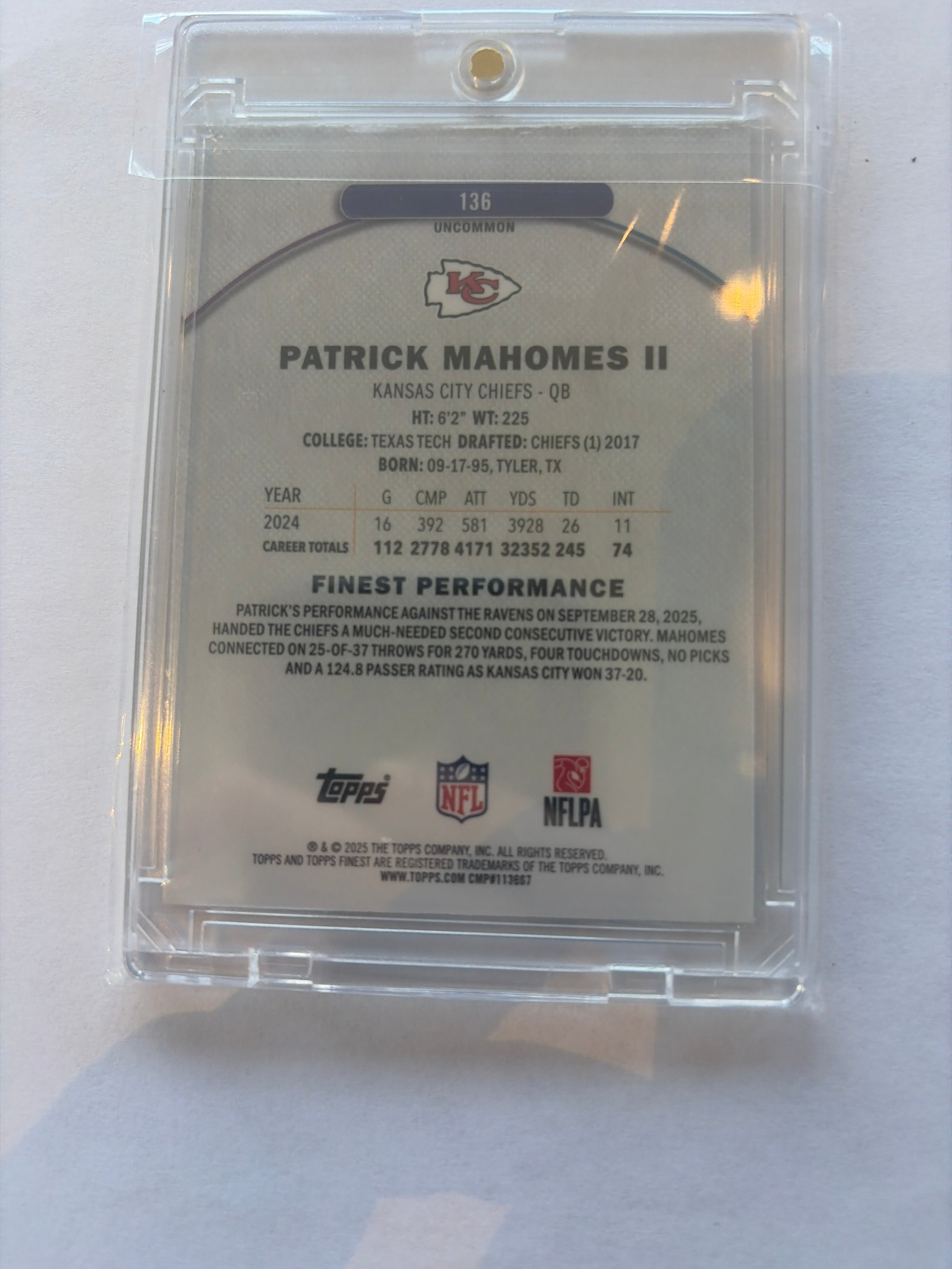 2025 Topps finest Patrick mahomes II 91/150