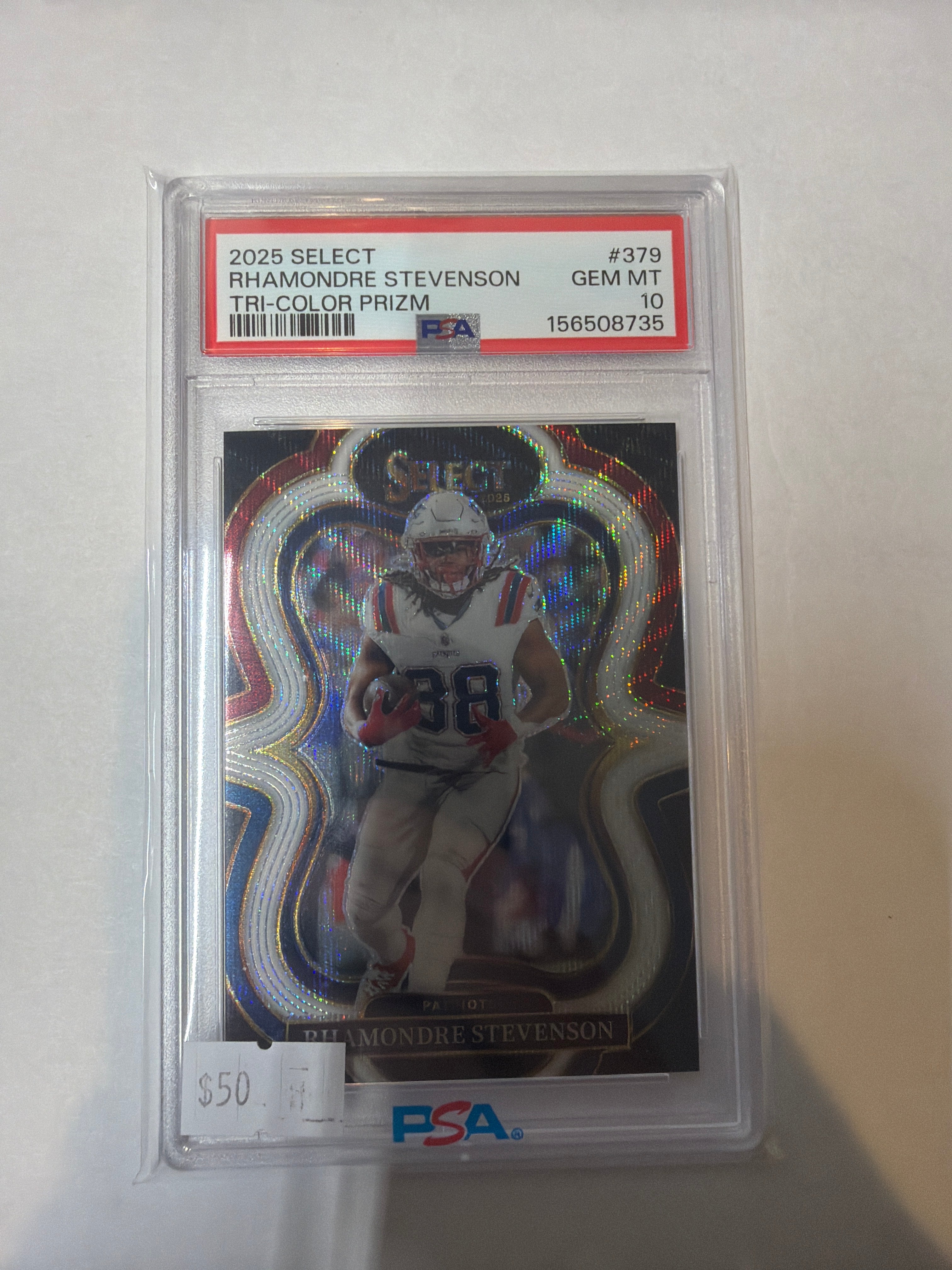 2025 select Rhamondre Stevenson Tri color Prizm PSA10