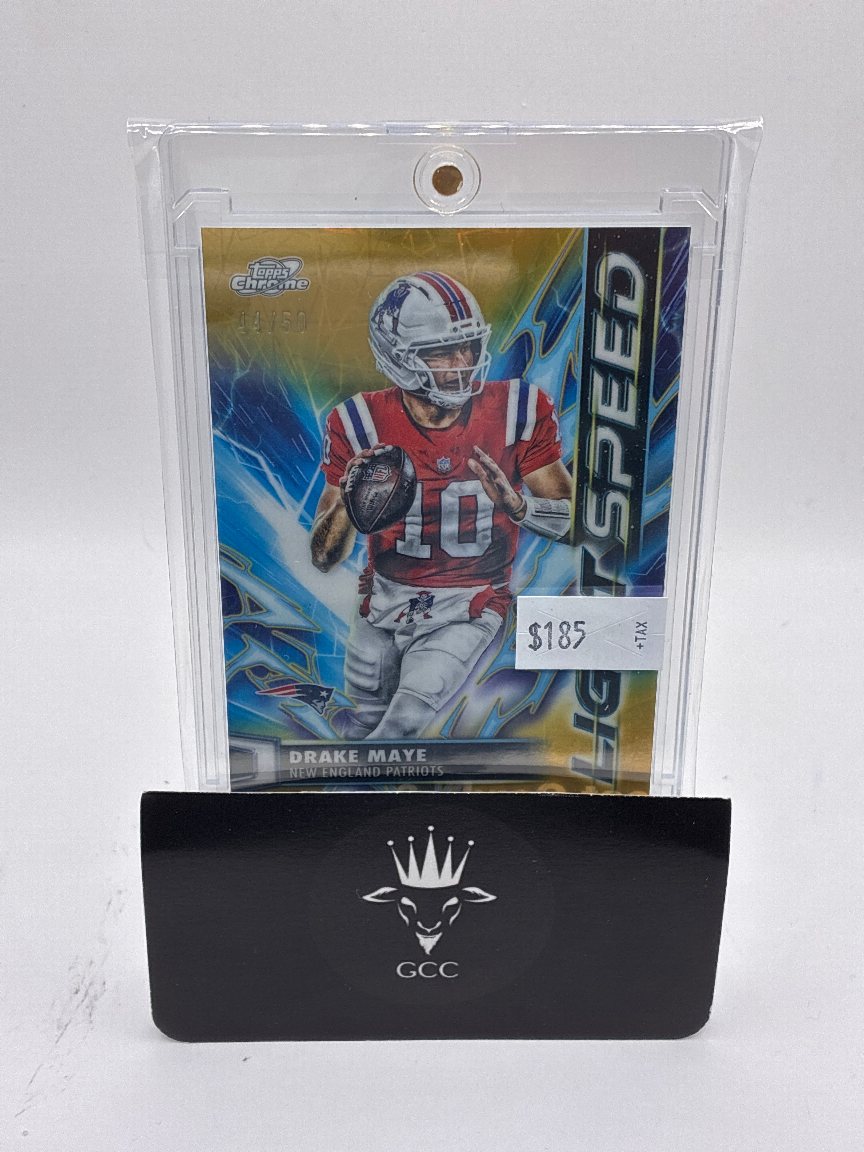 2025 Topps Chrome Cosmic Drake Maye Light Speed Gold Lazer 44/50
