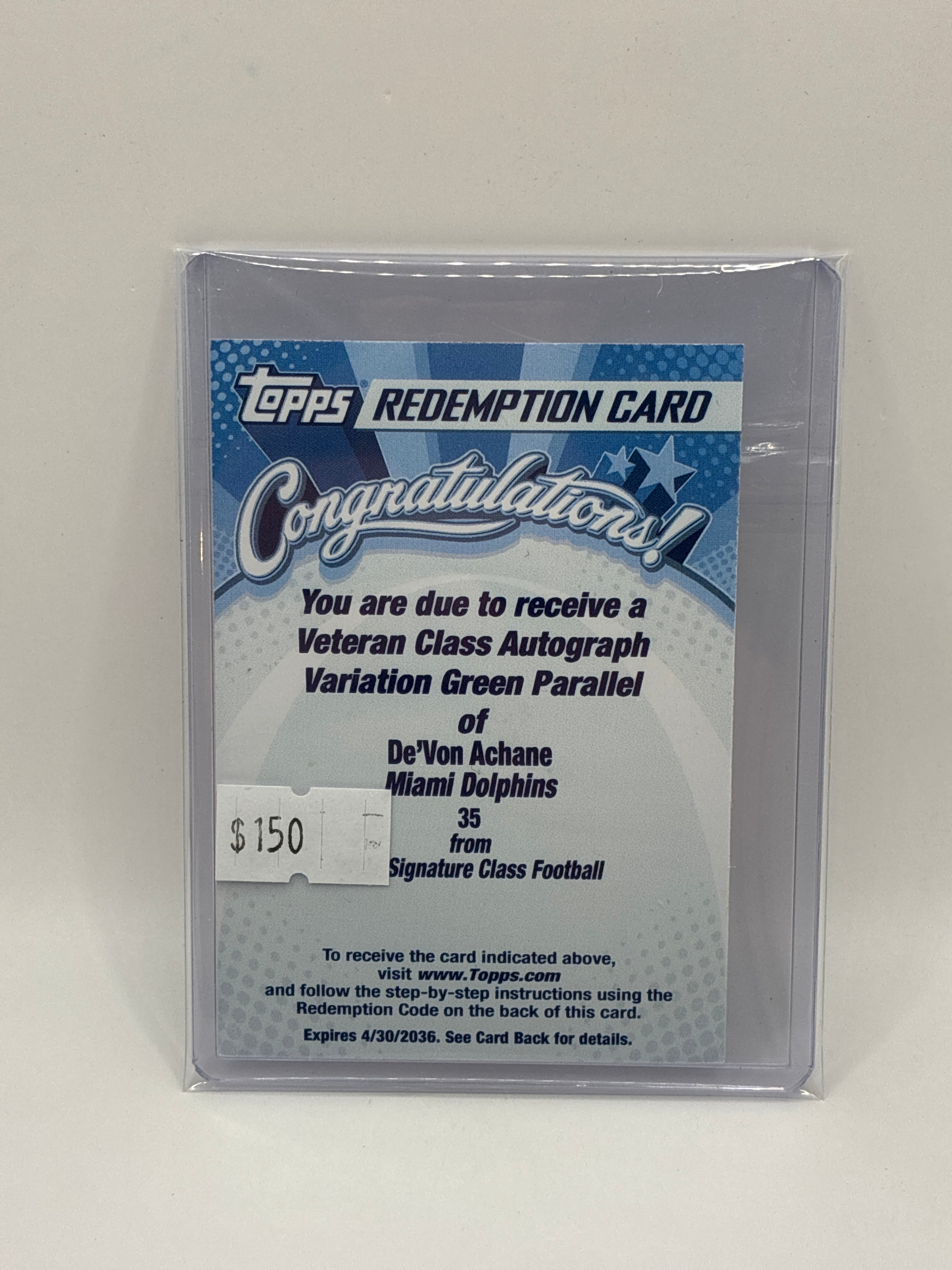 2025 Topps Signature Class De’Von Achane Dolphins Veteran Class Variation Green Parallel Redepmtion Card