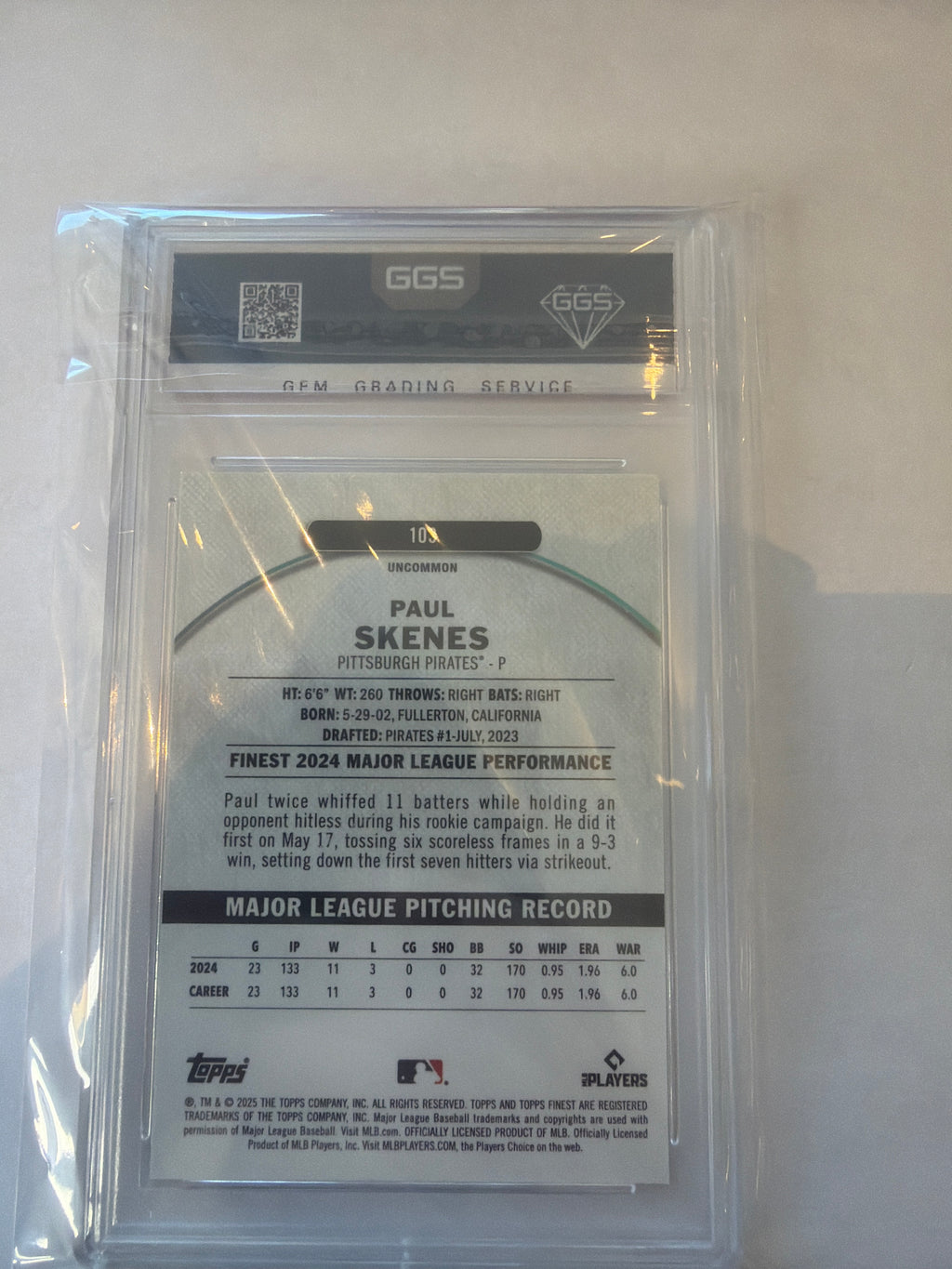 2025 Topps finest Paul Skenes sky blue refractor 8/250 GGS 10