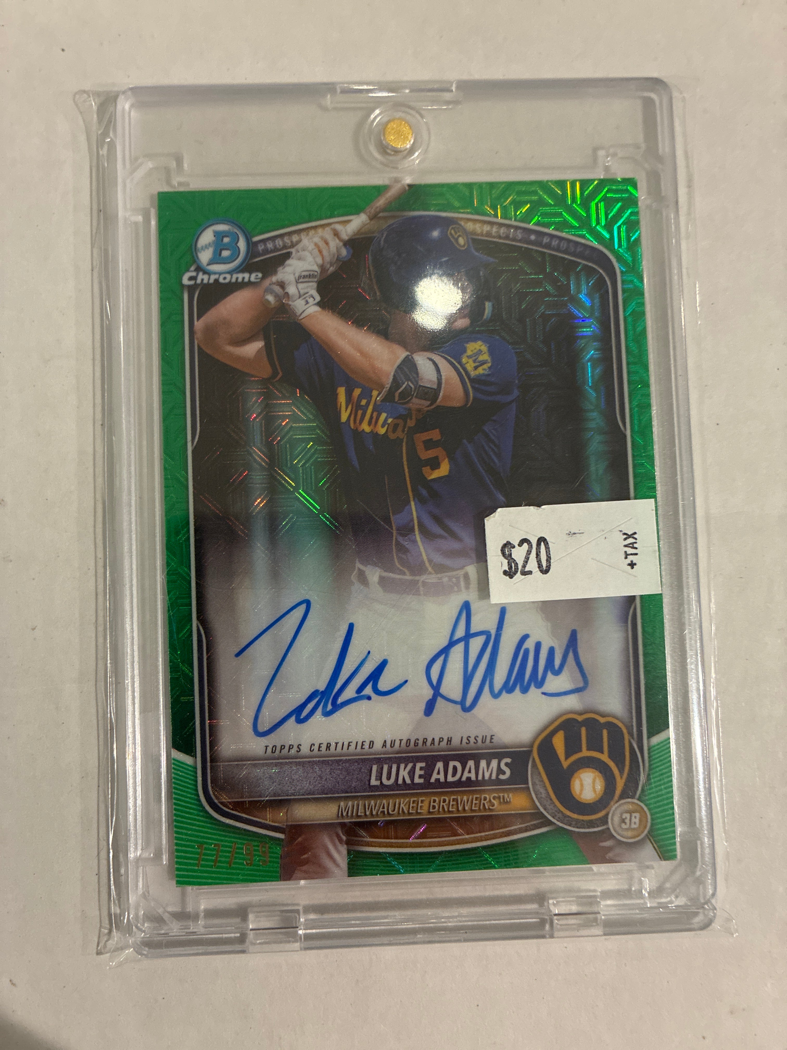 2025 Bowman Chrome Mega Box Chrome Prospect Mojo Autographs Luke Adams Green Refractor 77/99
