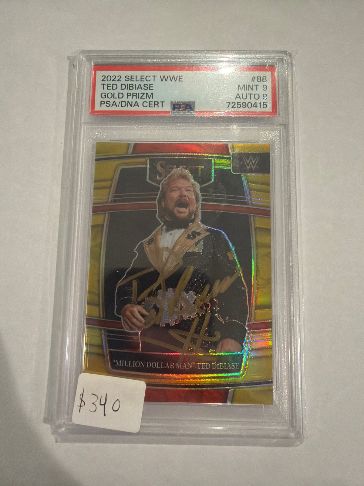 2022 Select WWE Gold On Card Autograph Prizm 03/10 Ted Dibiase (Million Dollarman) PSA 9/9