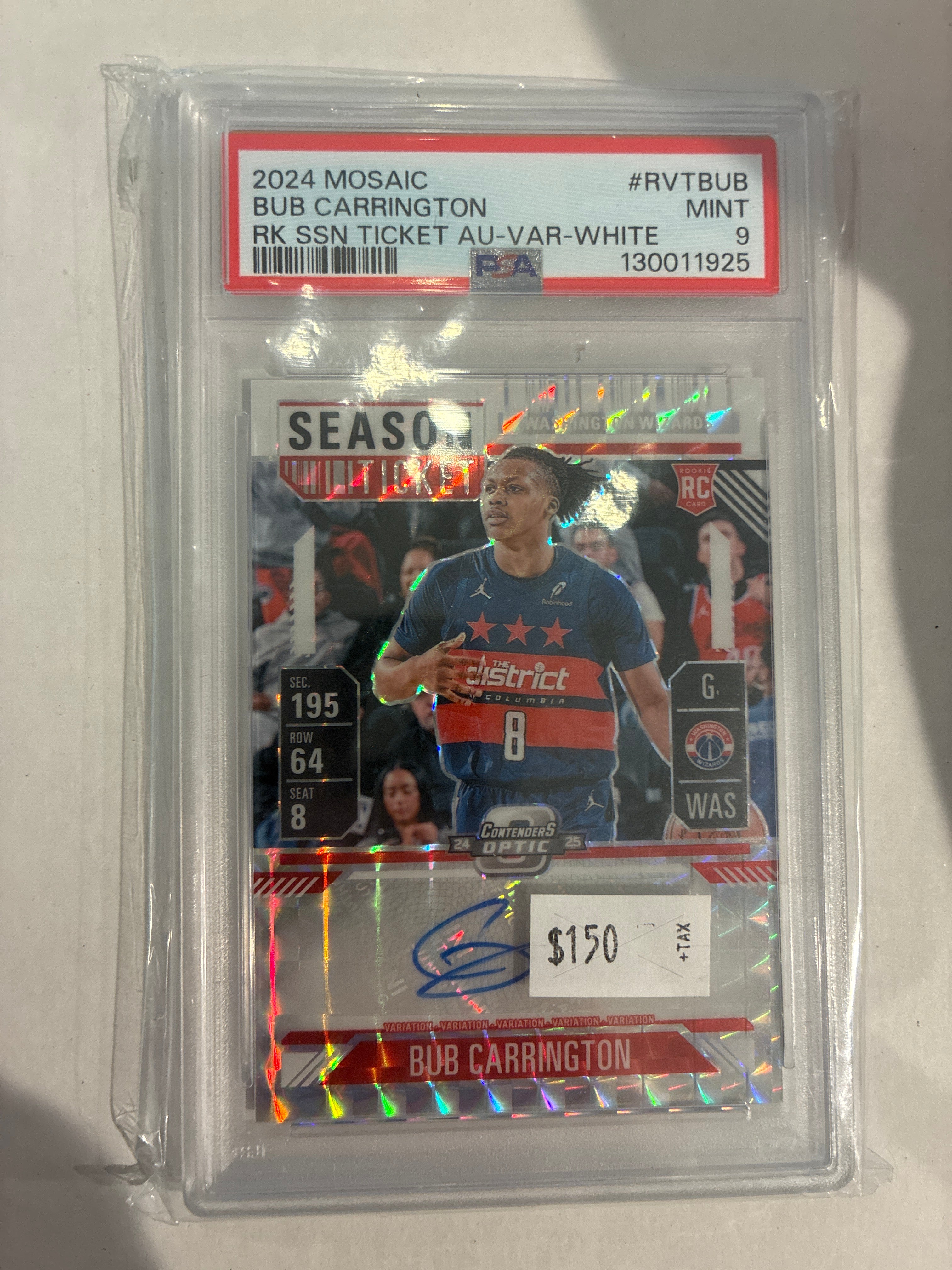 2024 Panini Mosaic Bub Carrington RK SSN Ticket AU-VAR-White /25 PSA 9