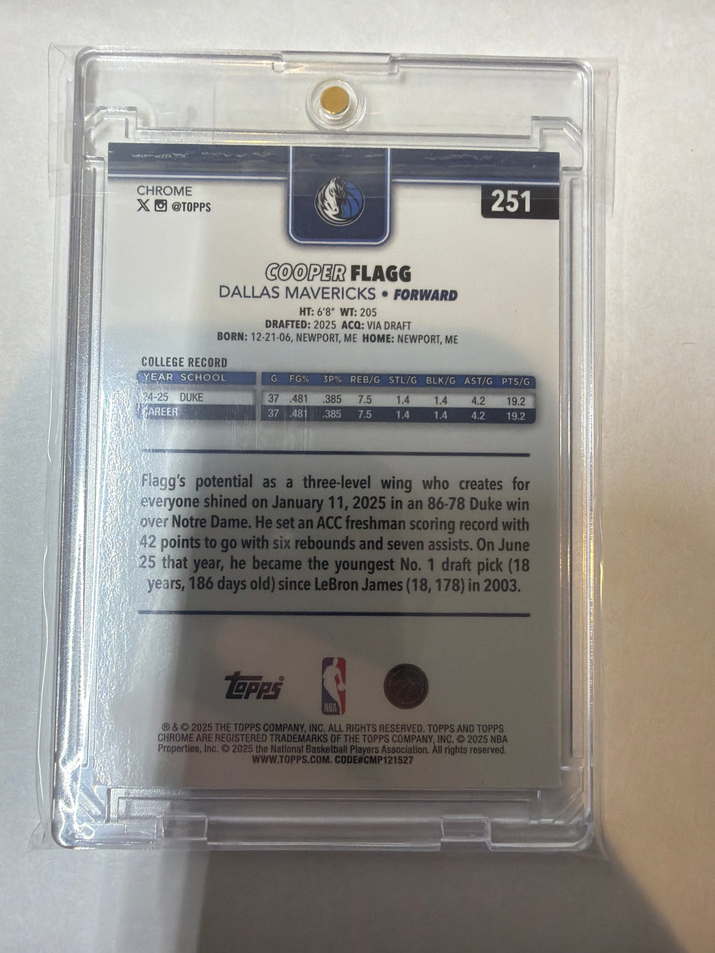 2025 Topps chrome Cooper Flagg rookie card