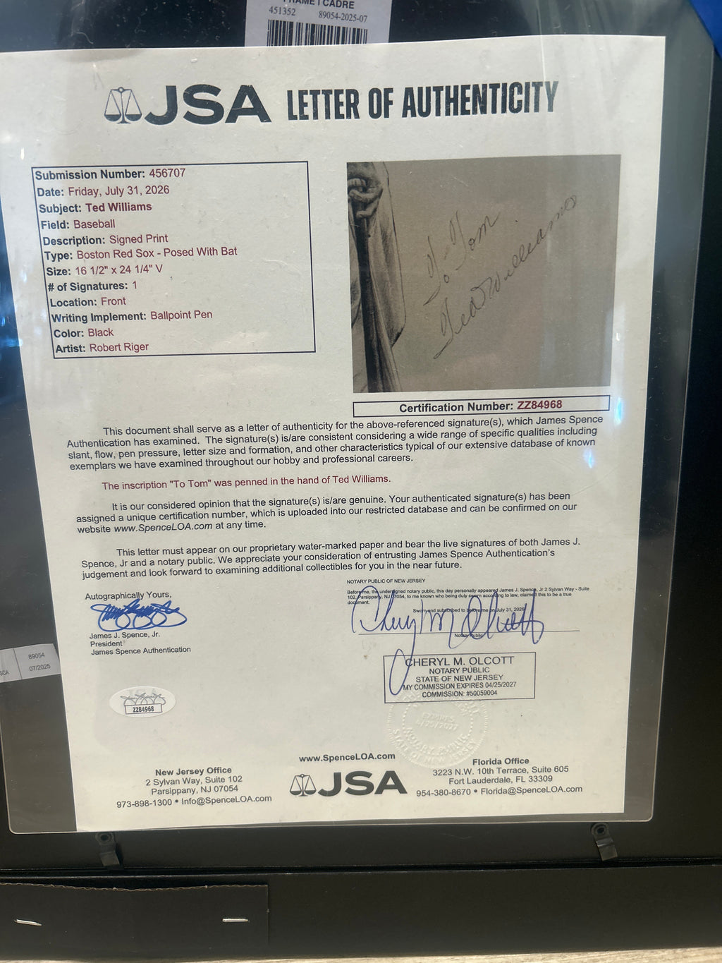 Ted Williams Autographed Framed Print JSA Certified