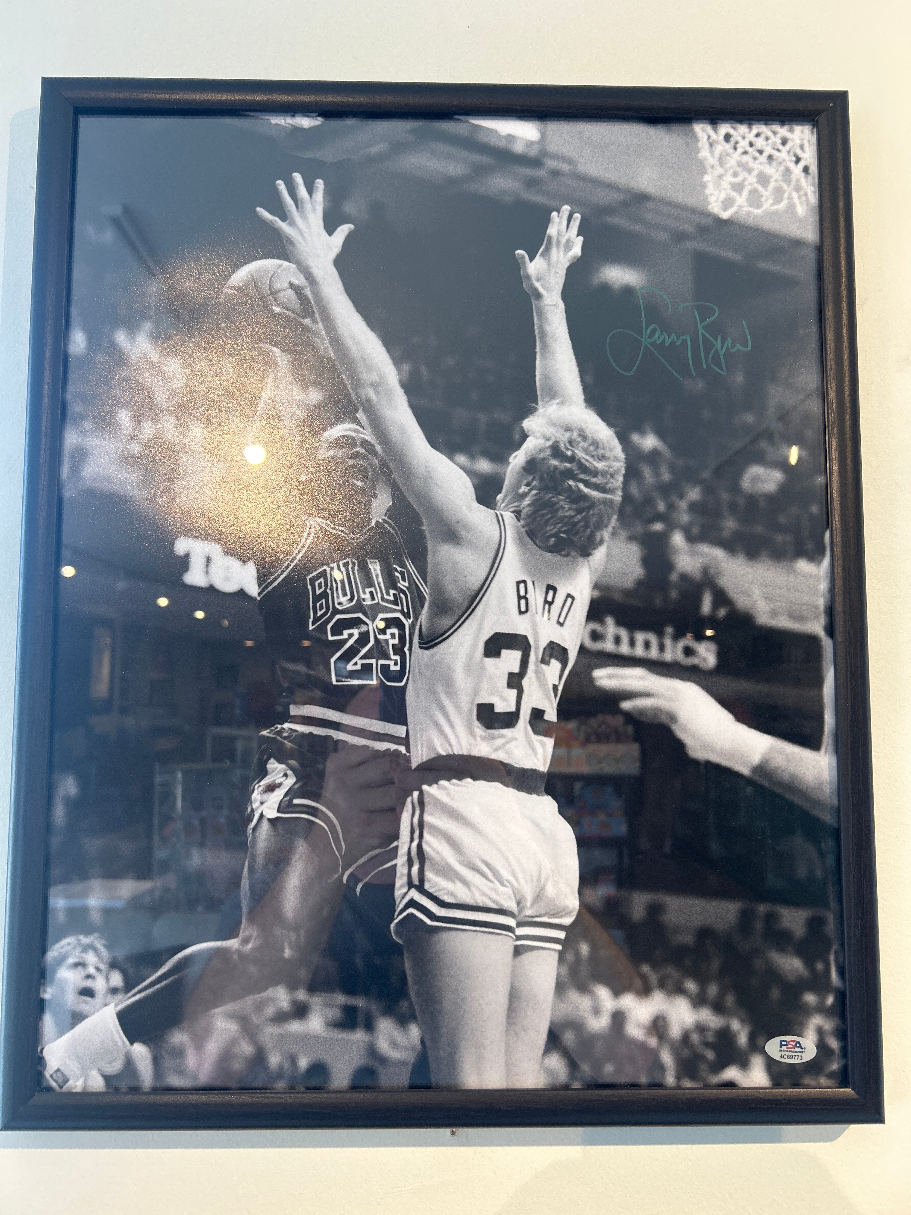 Larry Bird Autographed Framed Picture Featuring Jordan PSA Certified